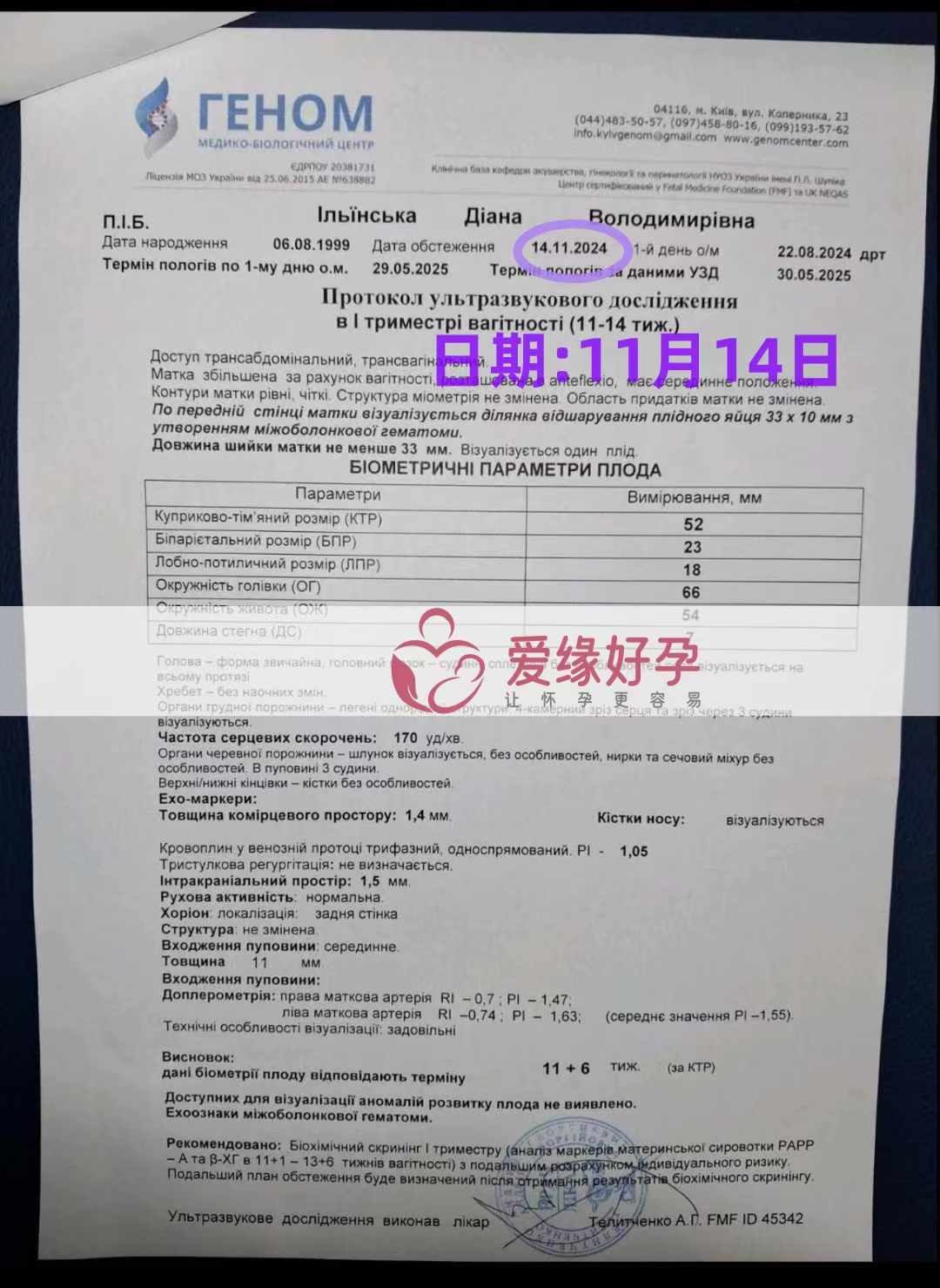 乌克兰爱心使者孕11周产检顺利通过