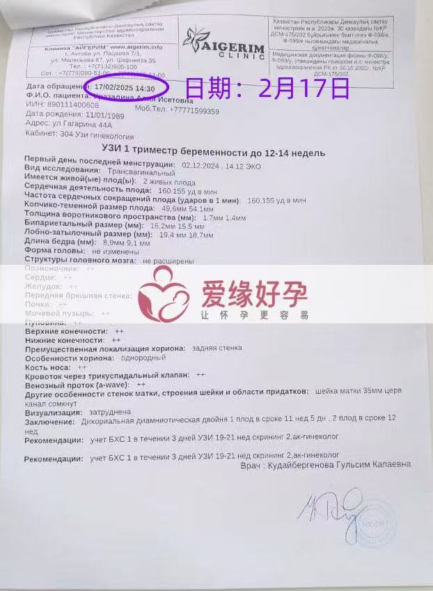 格鲁吉亚试管婴儿助孕双胎爱心使者12周产检顺利通过