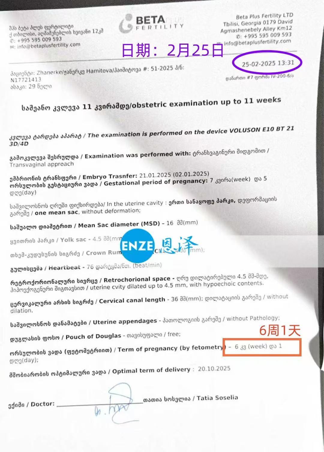 格鲁吉亚试管婴儿助孕爱心使者6周产检顺利通过