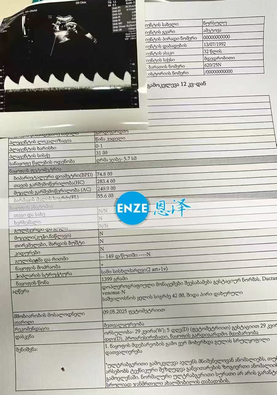 格鲁吉亚试管婴儿助孕爱心使者29周产检顺利通过