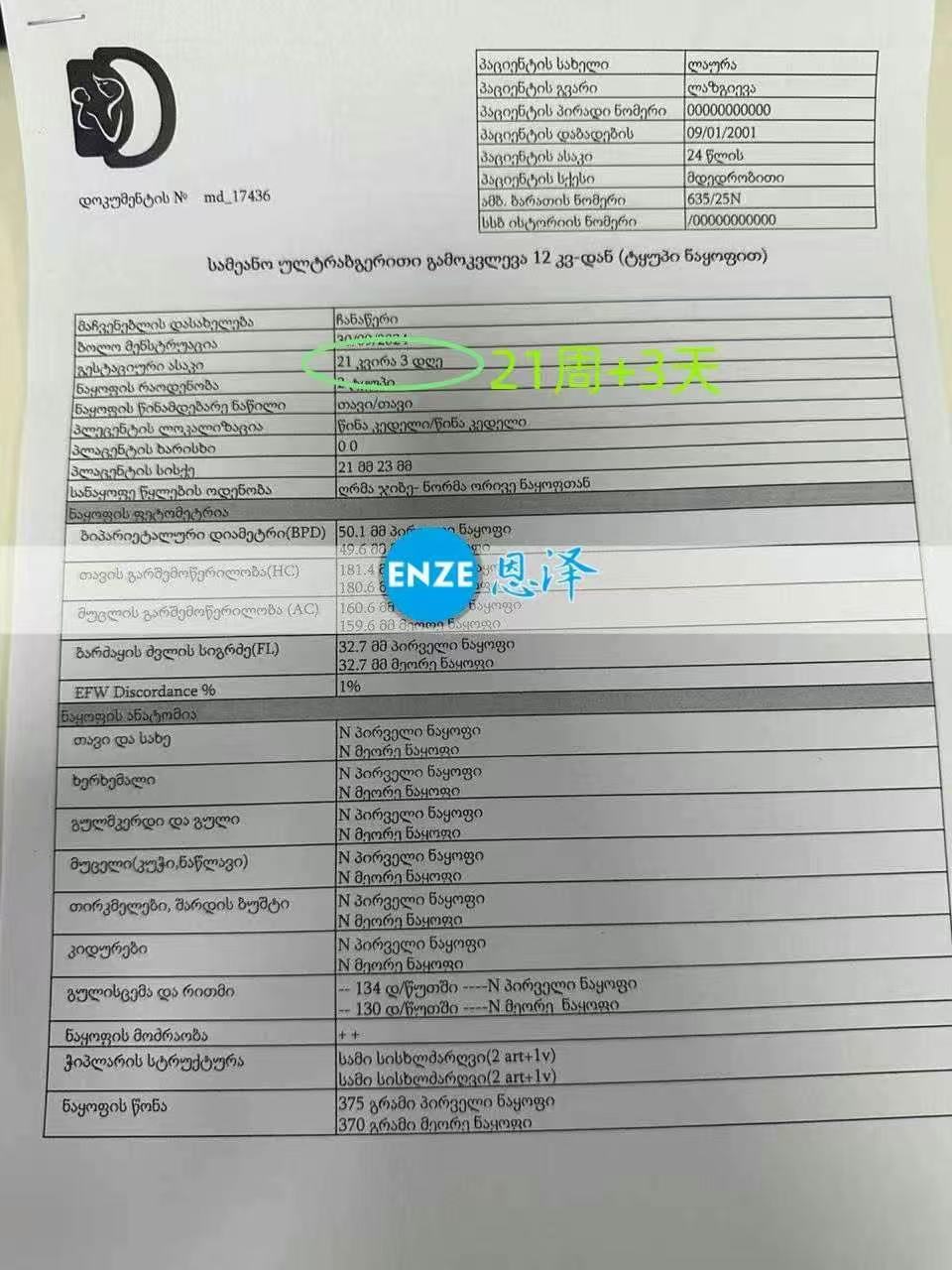 格鲁吉亚试管婴儿助孕爱心使者21周产检顺利通过