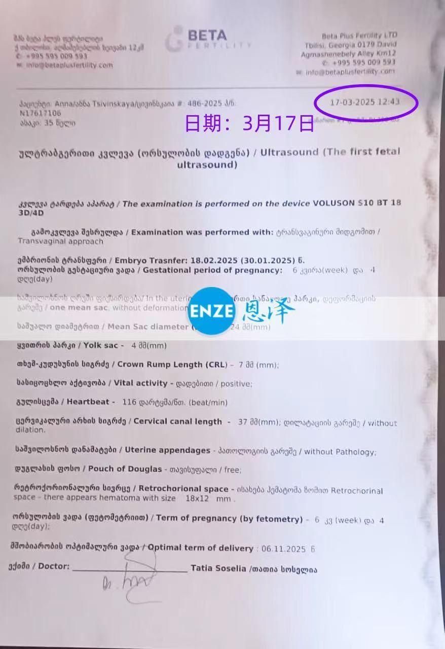 格鲁吉亚试管婴儿助孕爱心使者6周产检进展顺利