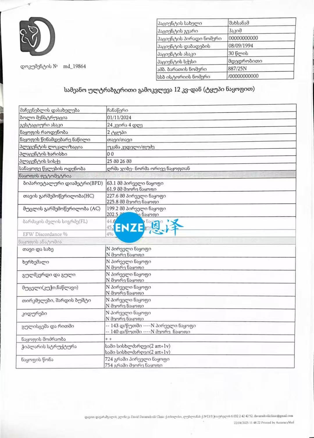格鲁吉亚试管婴儿助孕双胎爱心使者成功通过24周产检