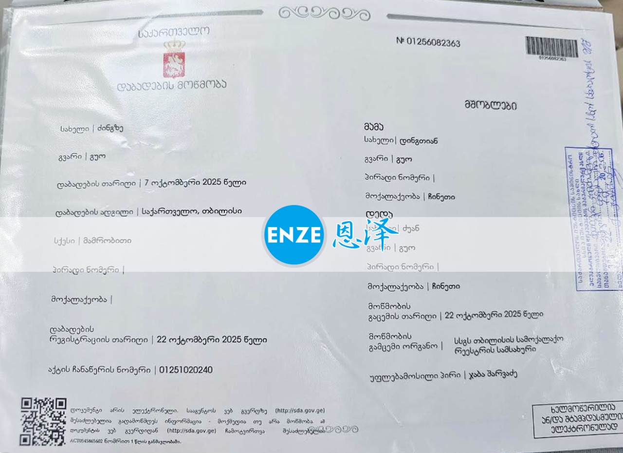 恩泽吉尔吉斯斯坦试管婴儿助孕宝宝出生证明新鲜出炉